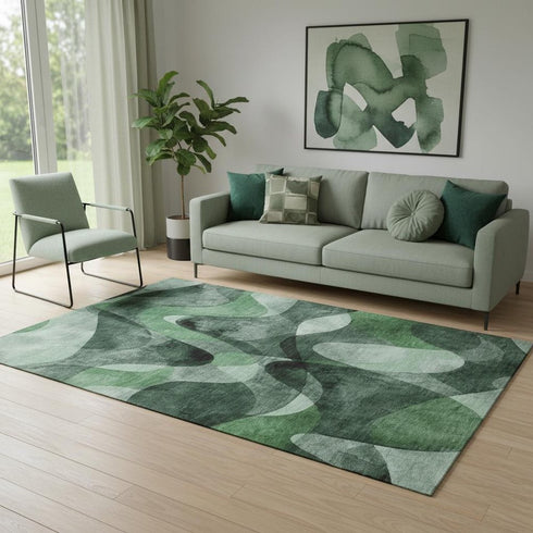 5' X 8' Fern Green Gray And Ivory Abstract Washable Area Rug With UV Protection