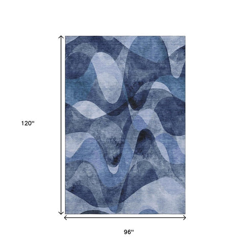 8' X 10' Navy Blue And Ivory Abstract Washable Area Rug With UV Protection