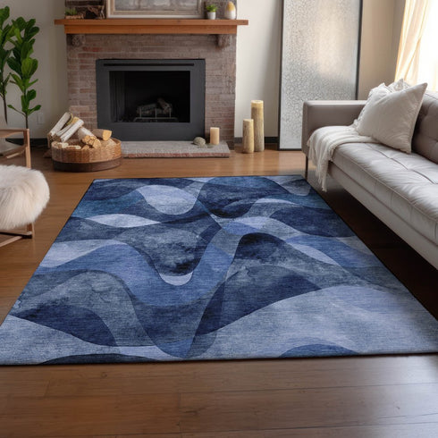 8' X 10' Navy Blue And Ivory Abstract Washable Area Rug With UV Protection