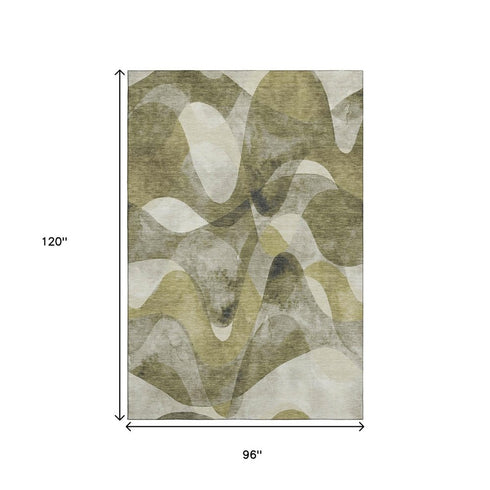 8' X 10' Olive Green Gray And Ivory Abstract Washable Area Rug With UV Protection