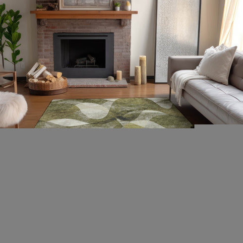 8' X 10' Olive Green Gray And Ivory Abstract Washable Area Rug With UV Protection