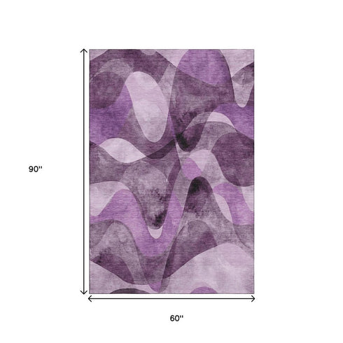 5' X 8' Purple And Ivory Abstract Washable Area Rug With UV Protection