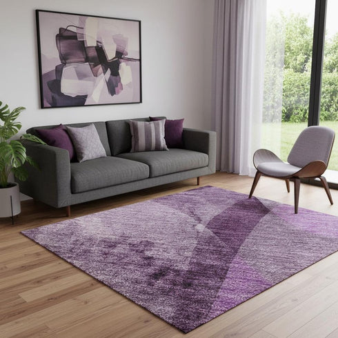 5' X 8' Purple And Ivory Abstract Washable Area Rug With UV Protection