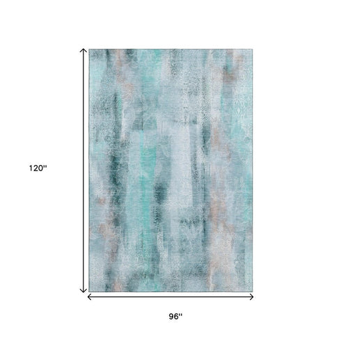 8' X 10' Teal And Ivory Abstract Washable Area Rug With UV Protection