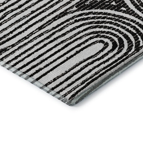 9' X 12' Black And Ivory Geometric Distressed Washable Area Rug With UV Protection