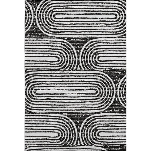 9' X 12' Black And Ivory Geometric Distressed Washable Area Rug With UV Protection