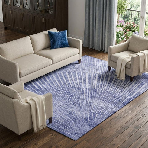 9' X 12' Navy Blue And Ivory Geometric Washable Area Rug With UV Protection