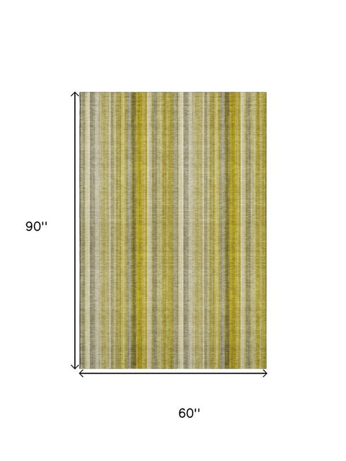 5' X 8' Gold And Ivory Striped Washable Area Rug With UV Protection