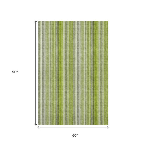 5' X 8' Green And Ivory Striped Washable Area Rug With UV Protection