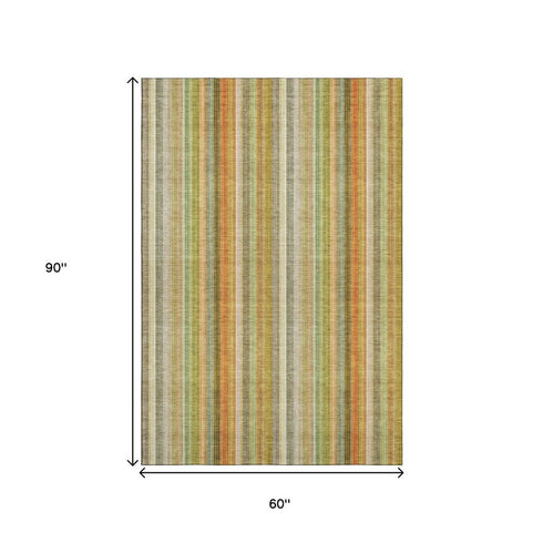 5' X 8' Khaki Orange And Beige Striped Washable Area Rug With UV Protection