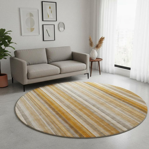 8' Rust And Gray Striped Washable Round Rug With UV Protection