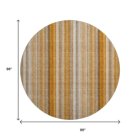 8' Rust And Gray Striped Washable Round Rug With UV Protection