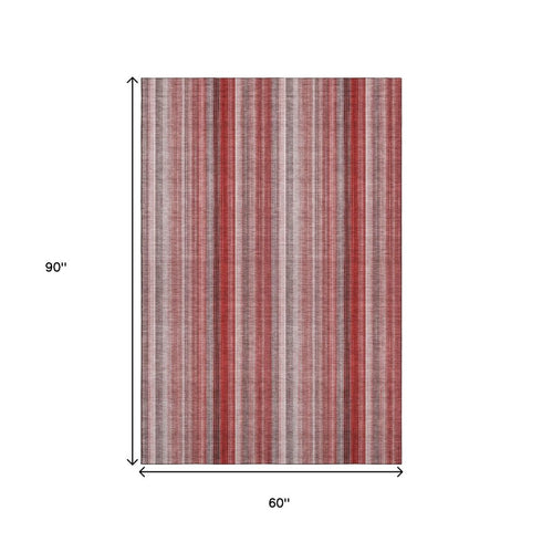 5' X 8' Red And Ivory Striped Washable Area Rug With UV Protection