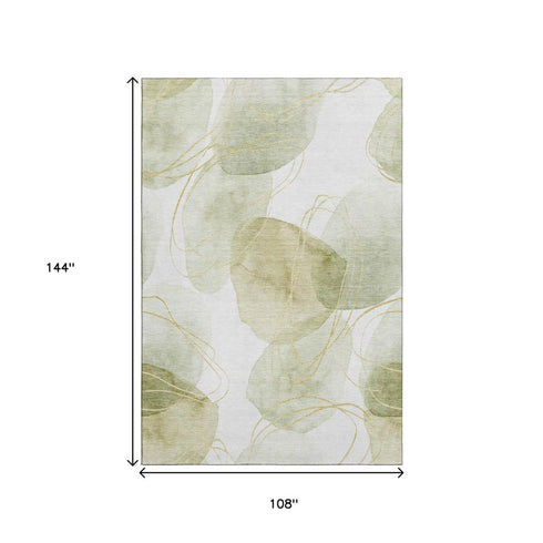9' X 12' Green Gold And Ivory Abstract Washable Area Rug With UV Protection
