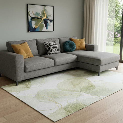 9' X 12' Green Gold And Ivory Abstract Washable Area Rug With UV Protection
