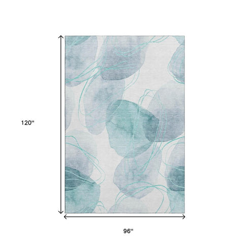8' X 10' Teal And Ivory Abstract Washable Area Rug With UV Protection