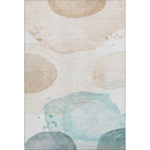 5' X 8' Beige Ivory And Teal Abstract Washable Area Rug With UV Protection