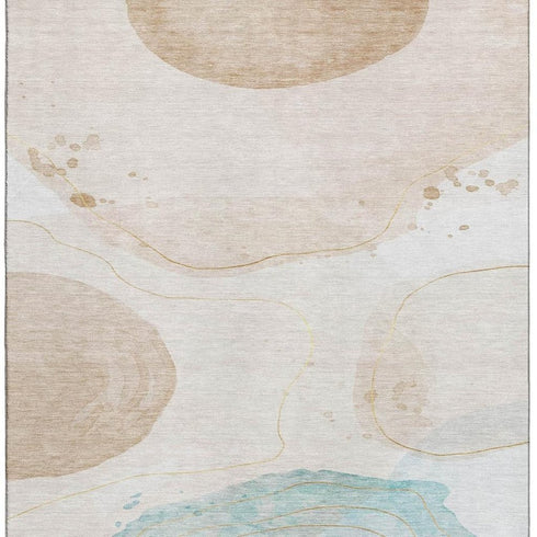 5' X 8' Beige Ivory And Teal Abstract Washable Area Rug With UV Protection
