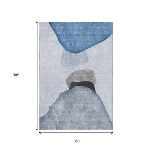 5' X 8' Blue And Gray Abstract Washable Area Rug With UV Protection