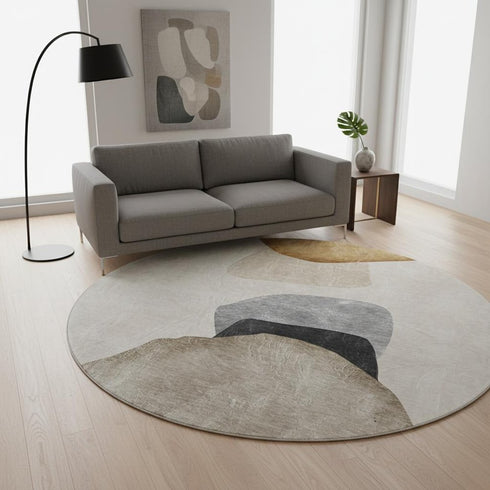 8' Brown And Gray Abstract Washable Round Rug With UV Protection