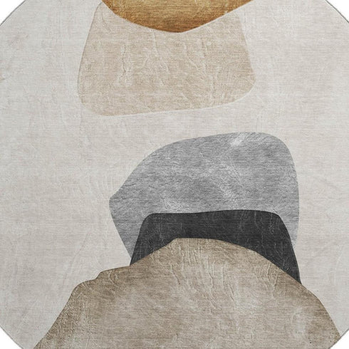 8' Brown And Gray Abstract Washable Round Rug With UV Protection