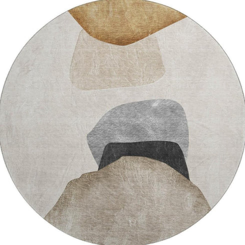 8' Brown And Gray Abstract Washable Round Rug With UV Protection