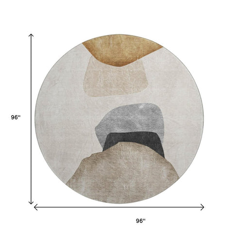 8' Brown And Gray Abstract Washable Round Rug With UV Protection