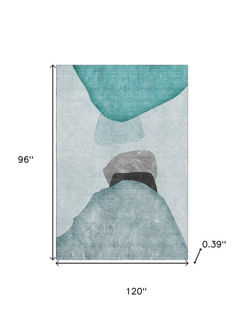 8' X 10' Teal And Gray Abstract Washable Area Rug With UV Protection