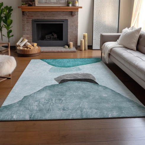 8' X 10' Teal And Gray Abstract Washable Area Rug With UV Protection