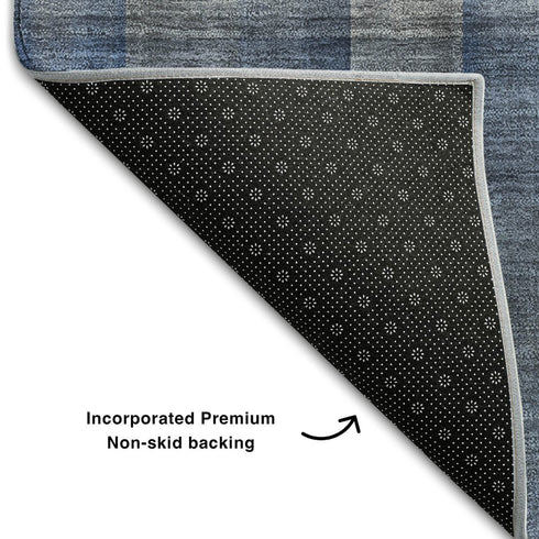 Blue And Gray Plaid Washable Area Rug With UV Protection
