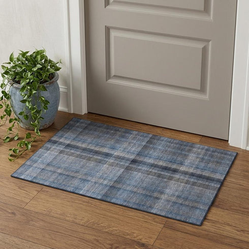 Blue And Gray Plaid Washable Area Rug With UV Protection
