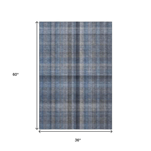 Blue And Gray Plaid Washable Area Rug With UV Protection