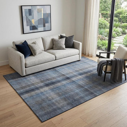 Blue And Gray Plaid Washable Area Rug With UV Protection