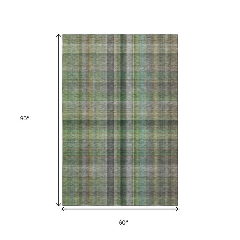9' X 12' Green And Gray Plaid Washable Area Rug With UV Protection