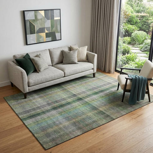 9' X 12' Green And Gray Plaid Washable Area Rug With UV Protection