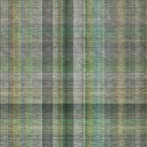 9' X 12' Green And Gray Plaid Washable Area Rug With UV Protection