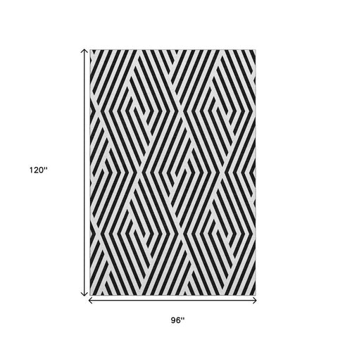 9' X 12' Black And Ivory Geometric Washable Area Rug With UV Protection