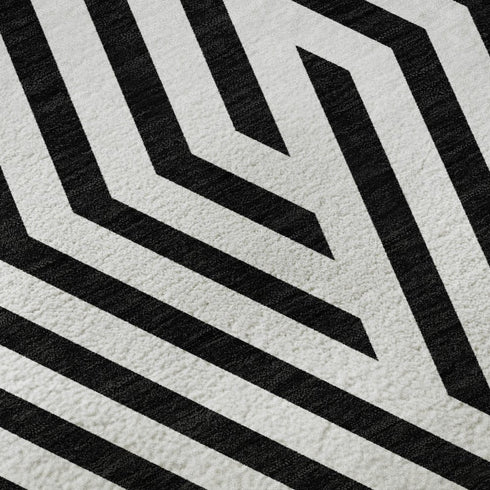 9' X 12' Black And Ivory Geometric Washable Area Rug With UV Protection
