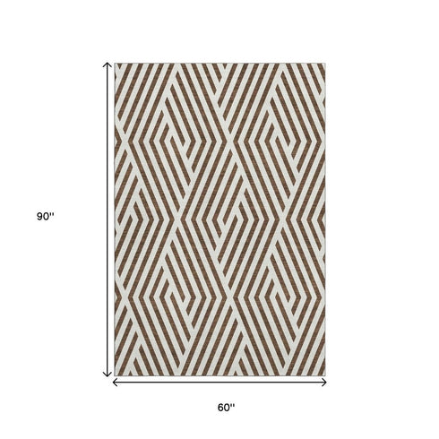 9' X 12' Brown And Ivory Geometric Washable Area Rug With UV Protection