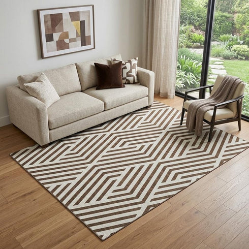 9' X 12' Brown And Ivory Geometric Washable Area Rug With UV Protection
