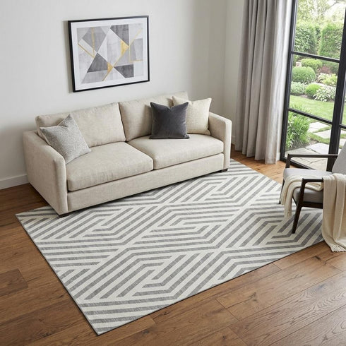 9' X 12' Gray And Ivory Geometric Washable Area Rug With UV Protection
