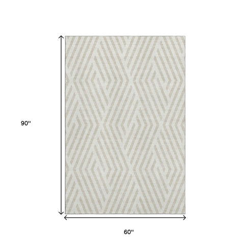9' X 12' Ivory And Beige Geometric Washable Area Rug With UV Protection