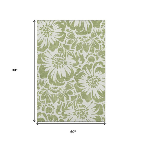 9' X 12' Fern Green And Ivory Floral Washable Area Rug With UV Protection