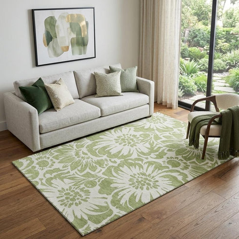 9' X 12' Fern Green And Ivory Floral Washable Area Rug With UV Protection
