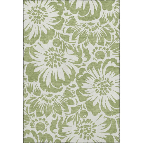 9' X 12' Fern Green And Ivory Floral Washable Area Rug With UV Protection