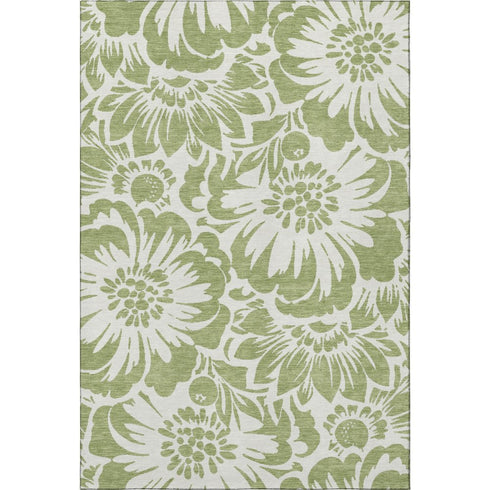 9' X 12' Fern Green And Ivory Floral Washable Area Rug With UV Protection