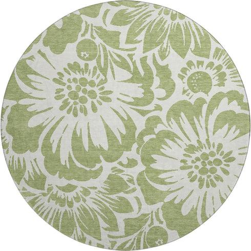 9' X 12' Fern Green And Ivory Floral Washable Area Rug With UV Protection
