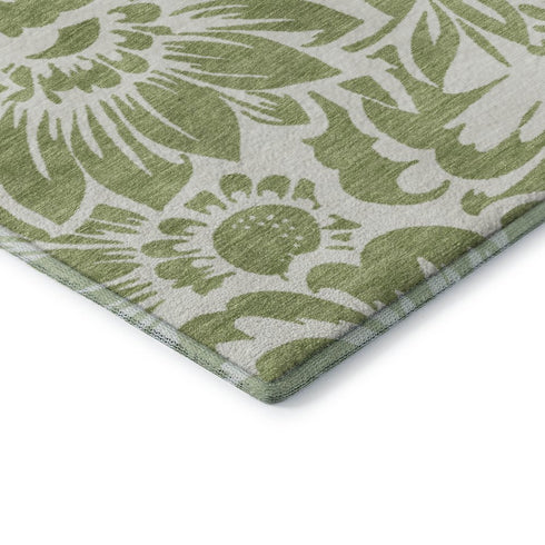 9' X 12' Fern Green And Ivory Floral Washable Area Rug With UV Protection