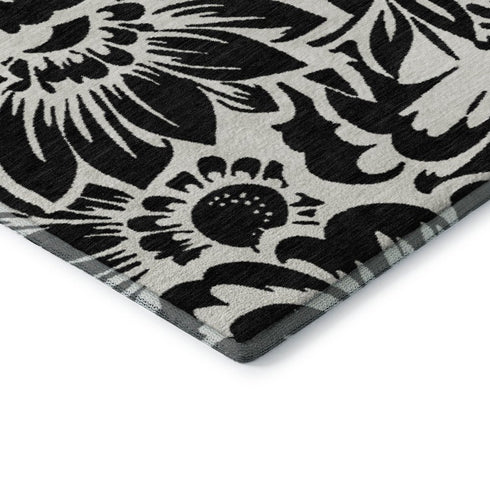 9' X 12' Black And Ivory Floral Washable Area Rug With UV Protection
