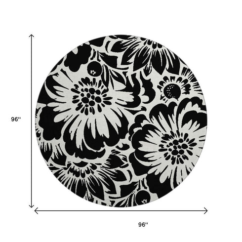 9' X 12' Black And Ivory Floral Washable Area Rug With UV Protection
